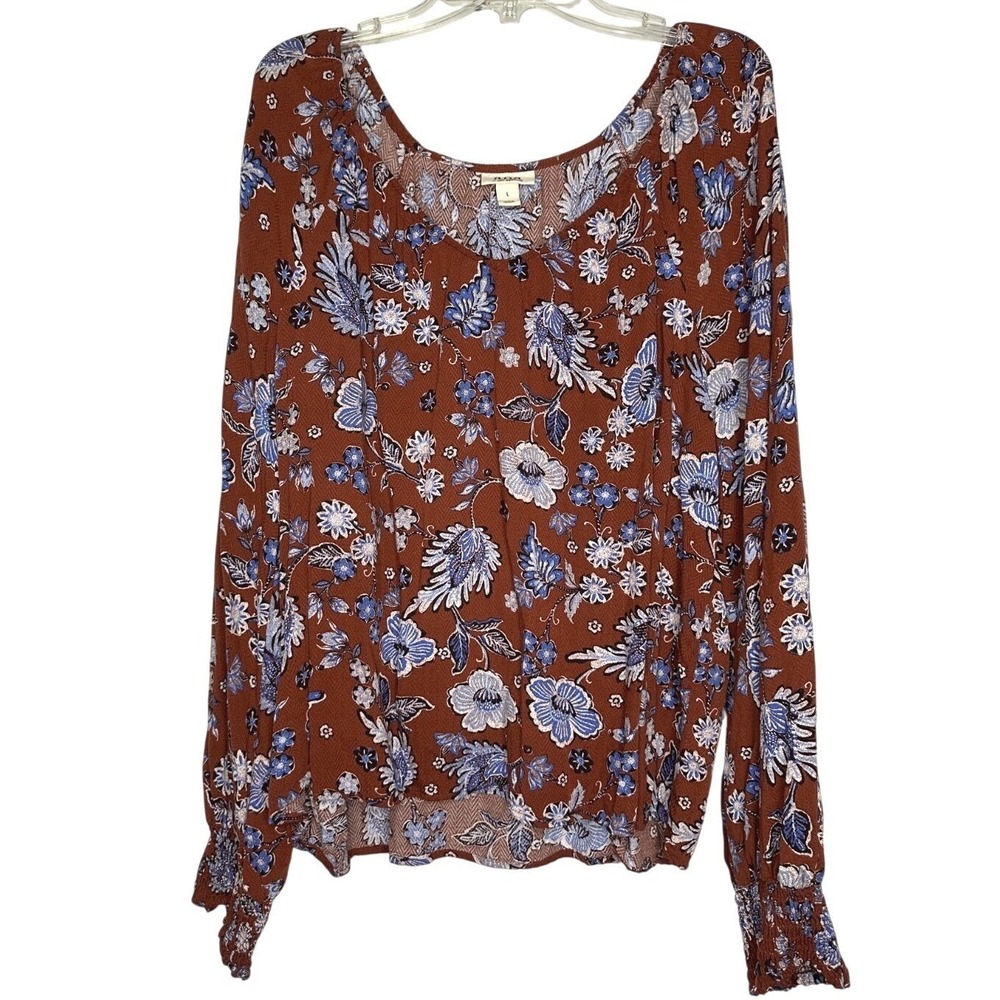 A.N.A. Womens Floral Blouse Rust Brown‎ Blue Long Sleeve Cuff Peasant Top Sz L